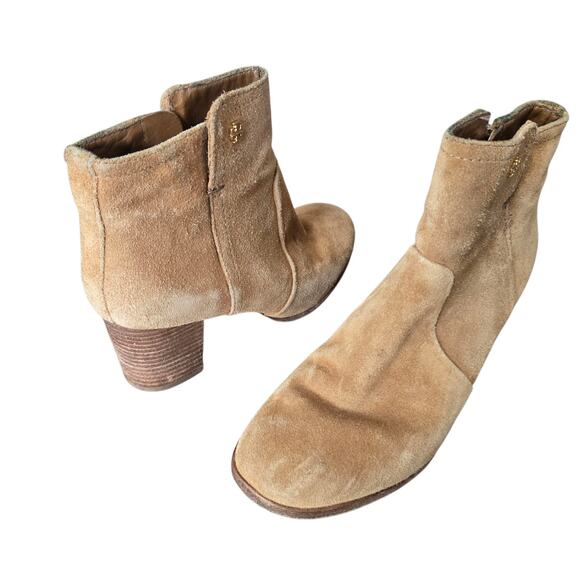 Tory Burch Sabe Suede Ankle Booties Shoes Size 7.5 tan brown heeled - Picture 1 of 12